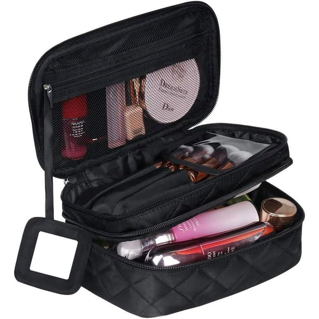 Makeup Bag Organizer, Portable Travel Toiletry Bag for Women, Large Capacity Double Layers Make up Bag With Brush Compartment and Handle, Black Cosmetic Bags for Women Travel Must Haves