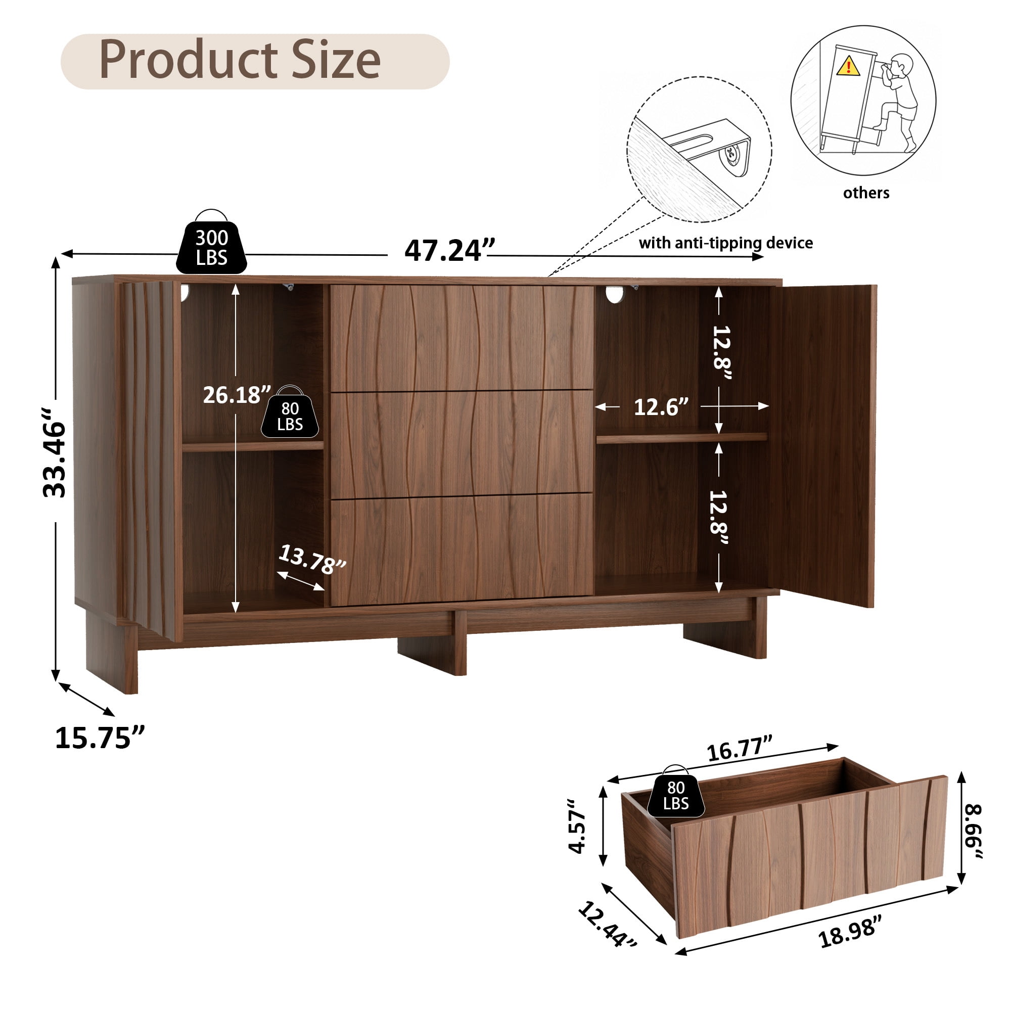 Leumius 47.2" Buffet Sideboard with 2 Doors and 3 Drawers, Walnut Finish with Stripe Grain Texture, Farmhouse Storage Cabinet for Dining Room Living Room Hallway