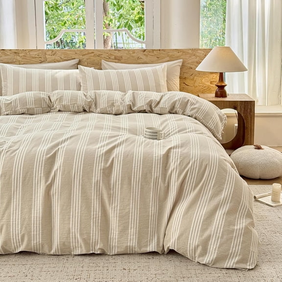 Striped Duvet Cover Set 100% Washed Cotton Linen Like Super Soft Chic Bedding Set 3 Pcs Linen-White Full