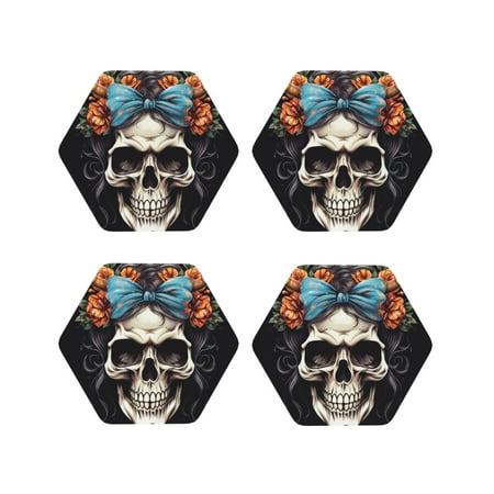 

Fuzoiu Bow Flower Skull Print Leather Coasters Set Drink Coasters Set of 4 for Tabletop Protection Durable PVC Coasters Home Décor and Housewarming Gift-Hexagon