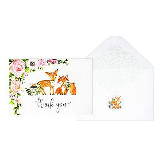 50 Pack Watercolor Girl Woodland Greenery Thank You Cards, Cute Thank You Notes with Envelopes & Stickers, Baby Shower, Birthday any Occasion Large Size 4x6 Animal Fox Raccoon Deer Owl Gratitude For P