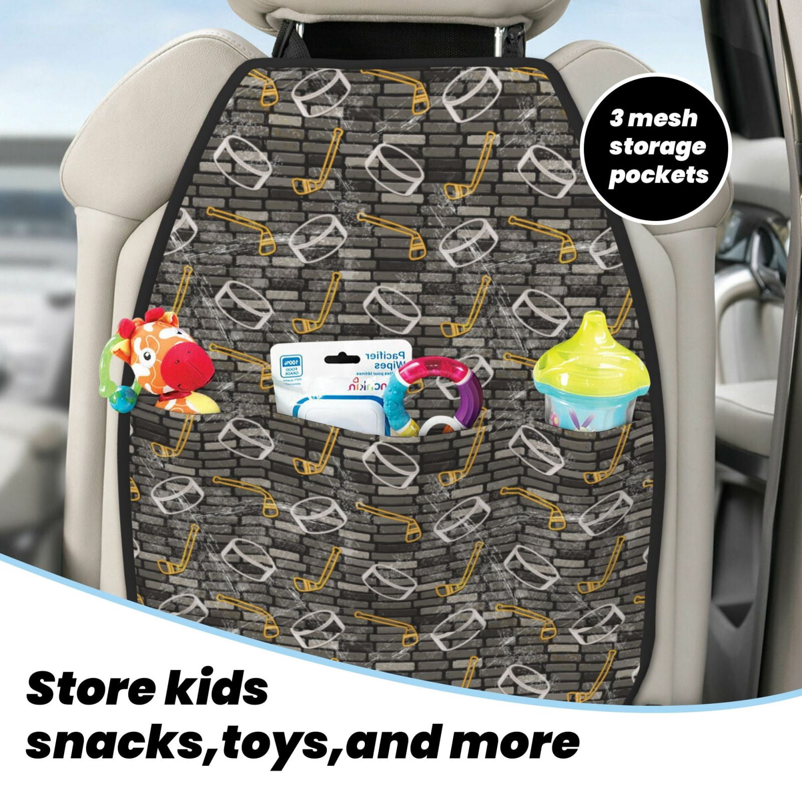 Kdxio Hockey1 Print 2 Pack Car Kick Mat Seat Cover Back Protector Mat with Pockets for Organizer Backseat Protector and Storage Anti Kick Pad for Vehicles