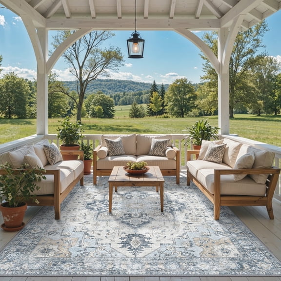 DEORAB Outdoor Rugs 5'X8' Chenille Patio Rug Three-Layer Material Imitation Silicone Spot Molding Camping Outside Rv Mat,Blue