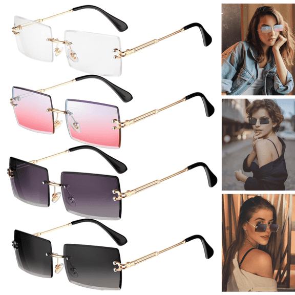 4pcs Rimless Rectangle Sunglasses, Frameless Square Glasses Vintage Transparent Eyewear for Men Women