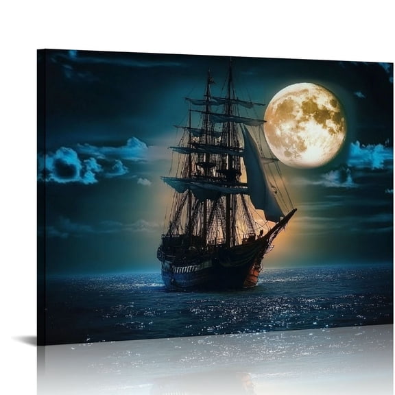 Pirate Ship And Moon on Blue Sea Poster Decorative Painting Canvas Wall Art Living Room Bedroom Painting