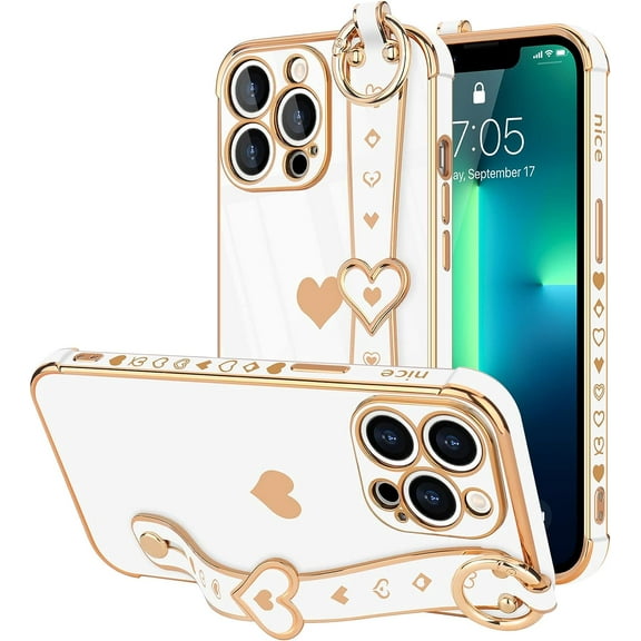 for iPhone 13 Pro Case Cute Love-Heart Plating Wristband Phone Cover for Women Girls Bling Soft Silicone Camera Lens Protection Bumper Shockproof Phone Case for iPhone 13 Pro (6.1'') - White
