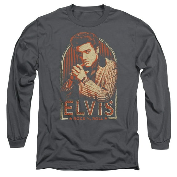 Trevco ELV865-AL-2 Elvis Presley & Stripes Long Sleeve Adult 18-1 T-Shirt, Charcoal - Medium