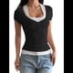 thumbnail image 3 of Blusa Informal de Dos Piezas con Botones y Corta Acanalada Henley para Mujer (/Verano 2025) Negro M, 3 of 10