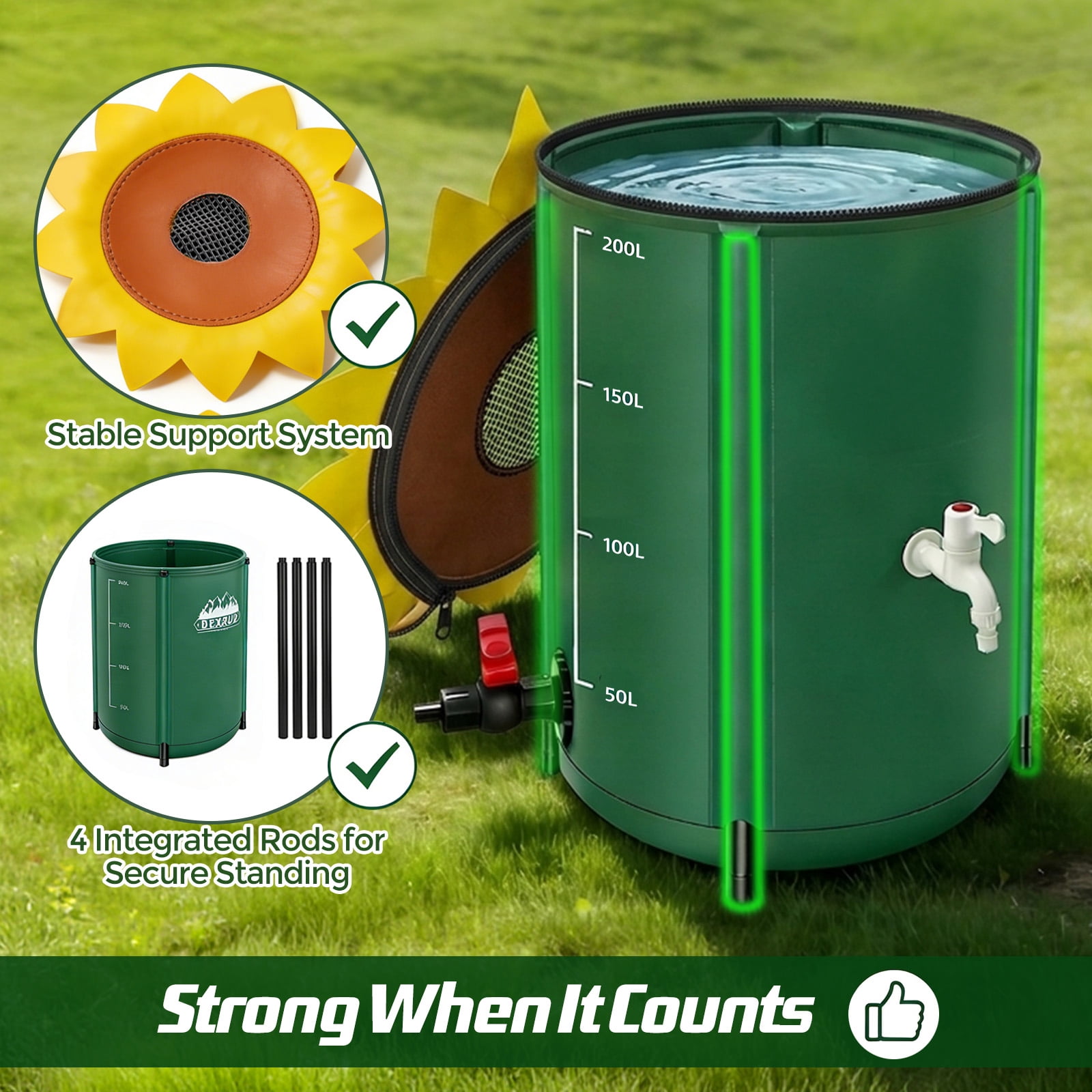 YTAKY Collapsible Rain Barrel 53 Gallon, Portable Rain Water Collection Barrel with 1000D Oxford Cloth, Spigot and Overflow Kit for Garden, Lawn, Outdoor - Green