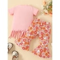 thumbnail image 3 of Wassery 2Pcs Toddler Girls Summer Clothes Letter Print Tassel Hem Short Sleeve Crew Neck T-Shirts and Floral Print Flare Pants 12M 24M 2T 3T 4T 5T Baby Casual Outfits, 3 of 9