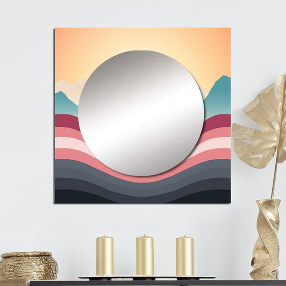 Designart "Bold Graphic Sunset Teal And Pink I" Modern Geometric Square Mirror For Wall Decor - Large Pink Square Mirror Printed Wall Decor - Modern Square Living Room Mirror