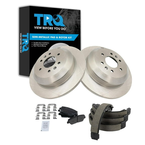 TRQ Rear Brake Pad & Rotor Kit Brake Pads Brake Rotor Parking Brake Shoe Set Semi-Metallic Fits Select 2009 Kia Borrego