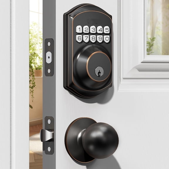 Keyless Entry Door Lock with Handle, Electronic Keypad Deadbolt with 2 Knobs, High-Security Front Door Handle Set for Home & Rental, Smart Auto-Locking, Easy Install, Oil-Rubbed Bronze