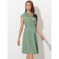 thumbnail image 3 of Vestido a cuadros retro con cinturón y manga casquillo frontal con botones para mujer Verde M, 3 of 5
