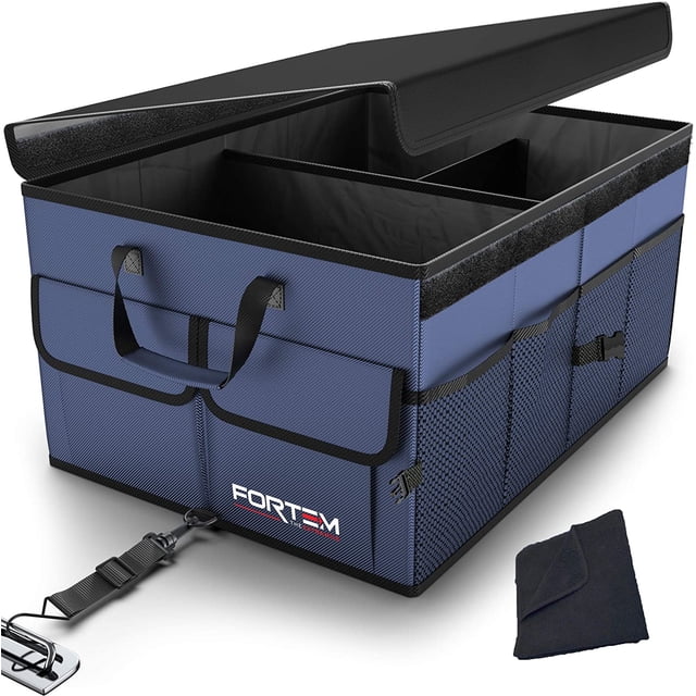 Car Trunk Organizer, Car Storage Organizer, Collapsible Multi Compartment Car Organizer, SUV Trunk Organizer, Non Slip Bottom, Adjustable Securing Straps, Foldable Cover (Blue Standard)