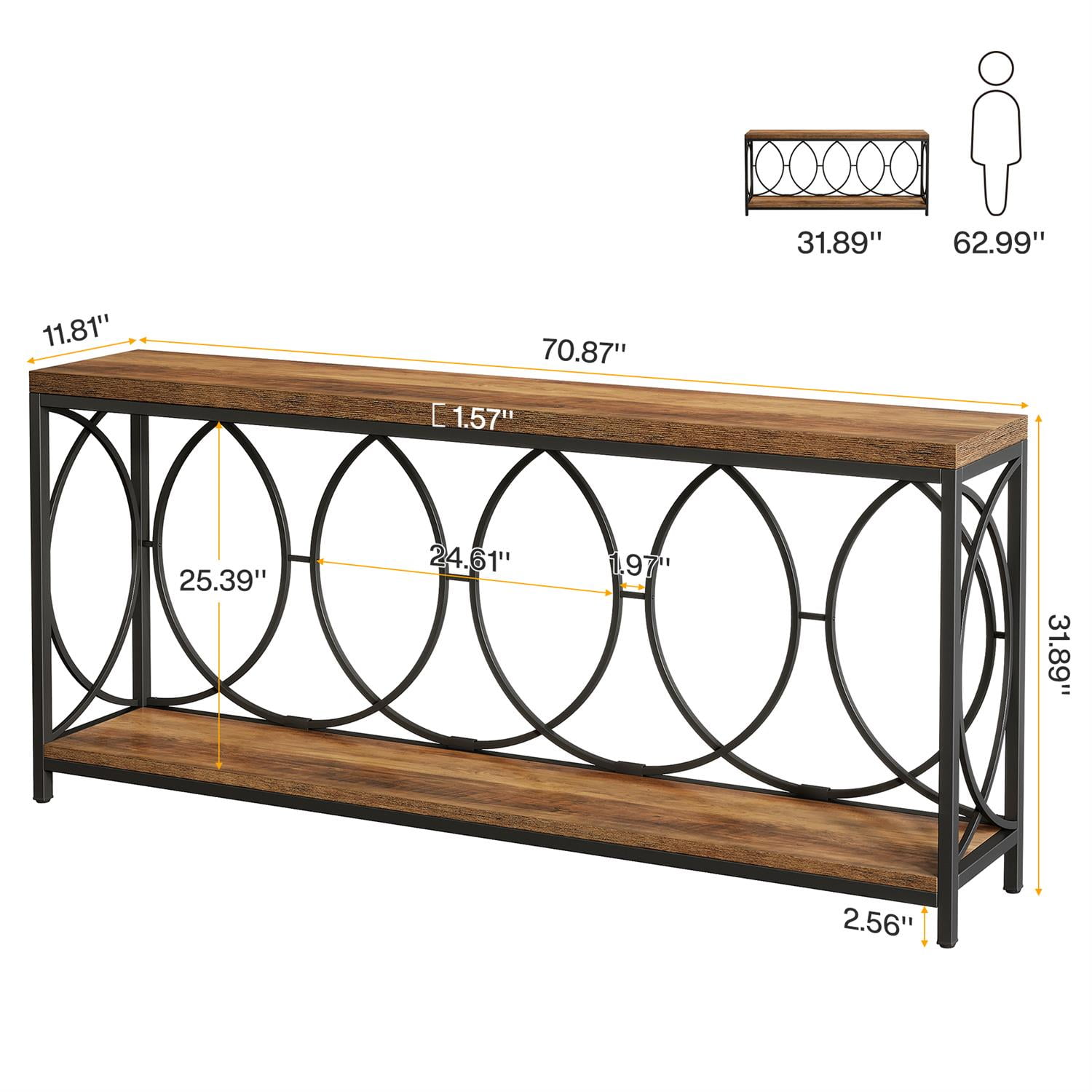 Demi Bonn 70" Industrial Wooden & Metal Console Table, Entryway Storage Display Unit Shelf for Living Room, Brown