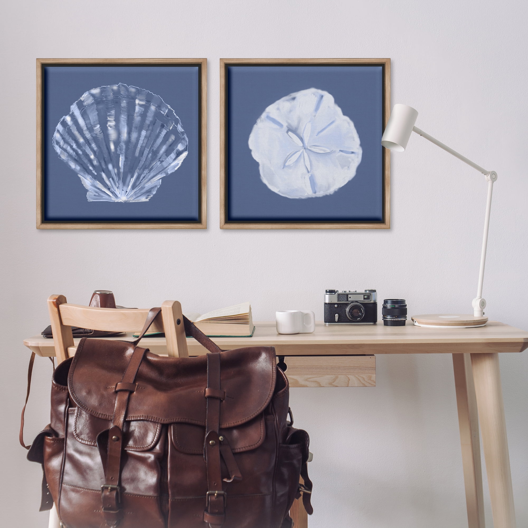 Stupell Industries Denim Sand Dollar & Scallop Nautical & Beach Painting Brown Floater Framed Canvas Art Print Wall Art, 25 x 25, Set of 2