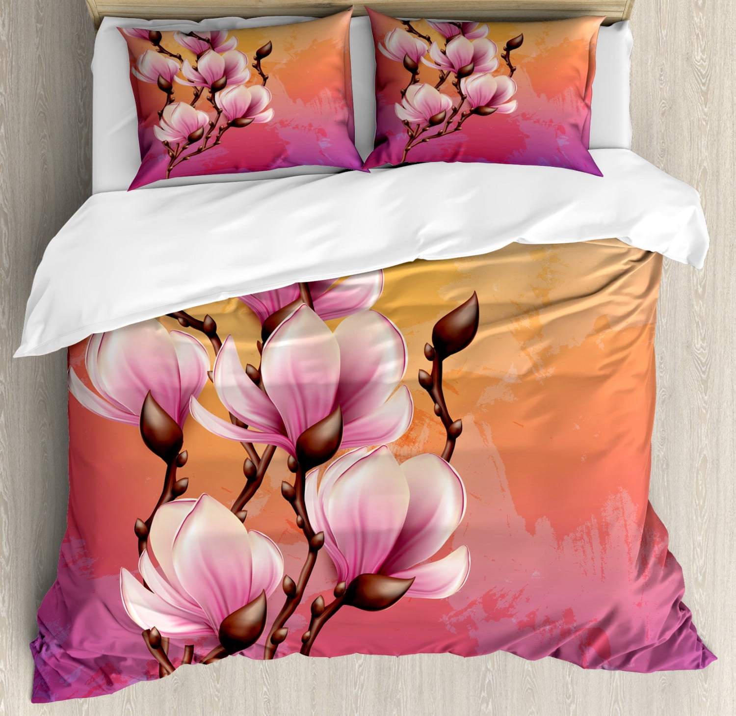 Magnolia Queen Size Duvet Cover Set, 3D Inspired Realistic Design of