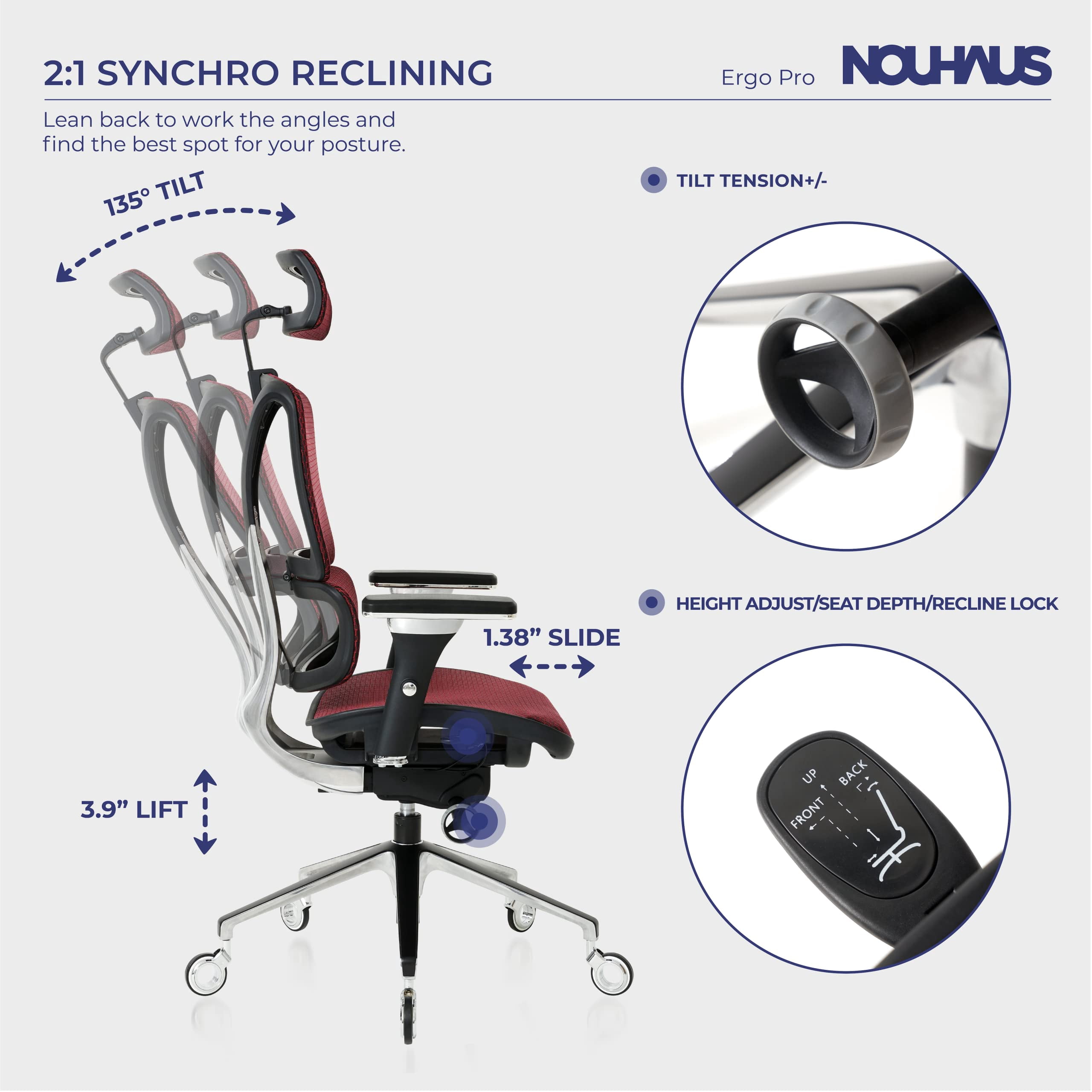 NOUHAUS ErgoPRO Mesh Ergonomic Swivel Office Chair with Adjustable Armrests, Lumbar Support, Headrest  for Home Office , Burgundy