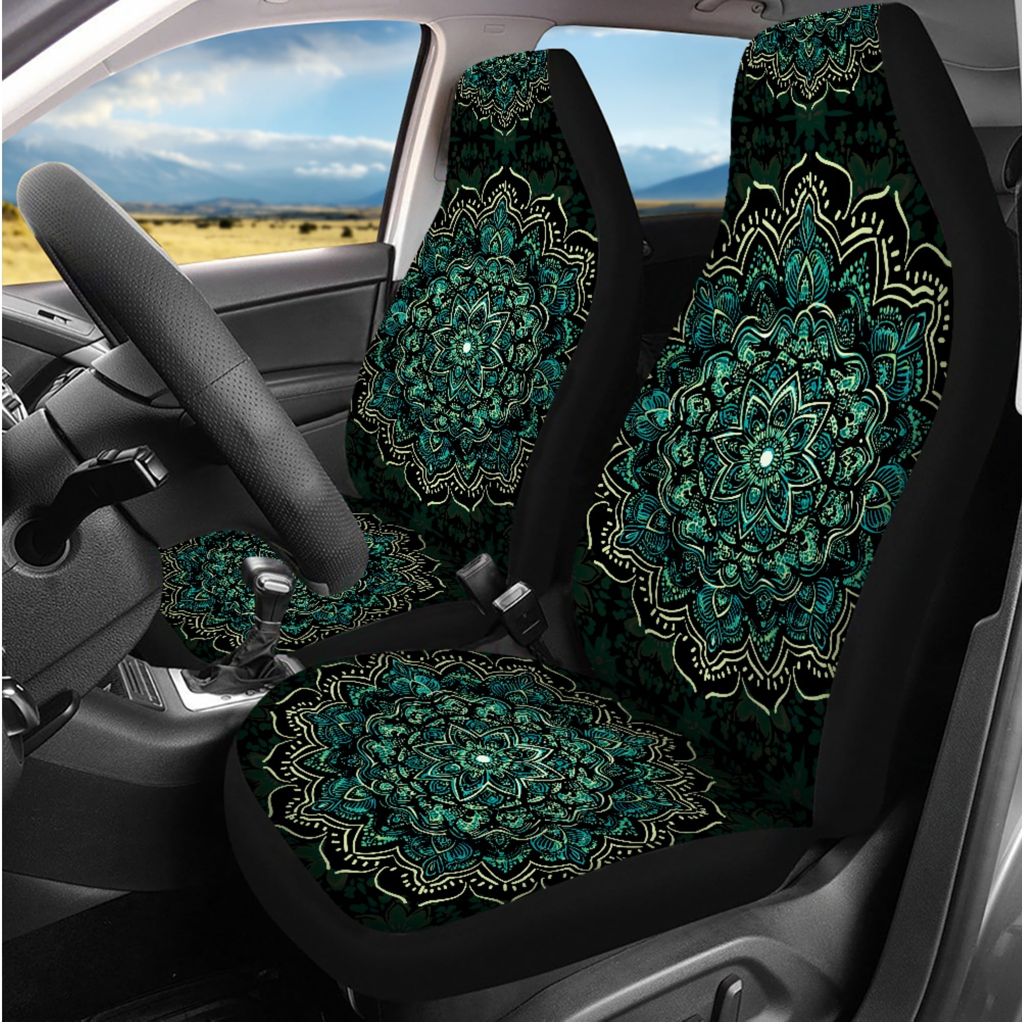Jeiento Boho Mandala Flower Car Seat Covers Full Set Steering Wheel Cover Safe Belt Pads Coasters Center Console Cover Head Rest Covers Green Set of 14 Interior Automobile Accessories