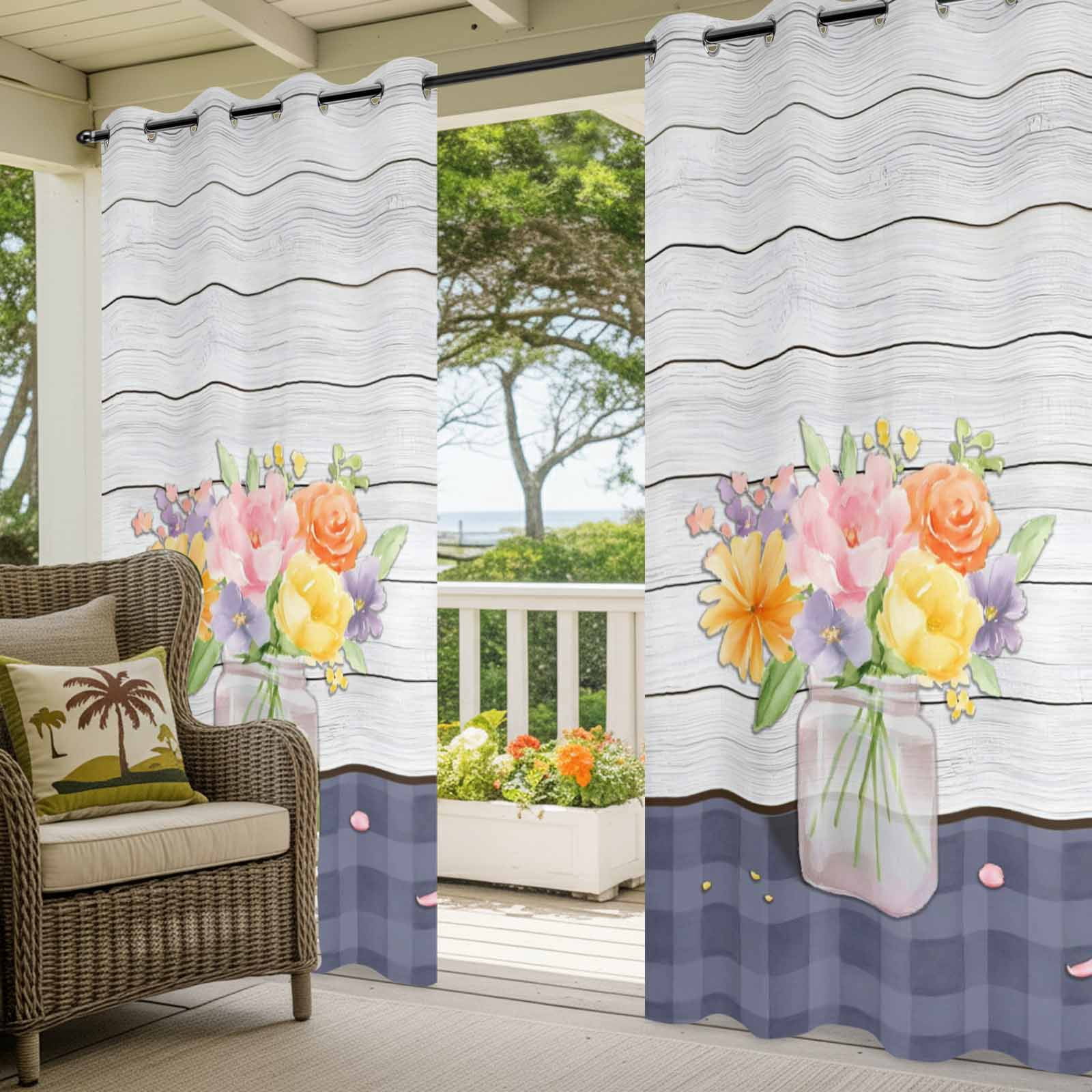 Spring Flower Outdoor Curtains for Patio, Country Farmhouse Floral Bouquet Wood Grain Blue Plaid Sunshade Privacy Drapes Grommet Waterproof Outside Curtains for Porch/Cabana/Balcony 54"x108", 1 Panel