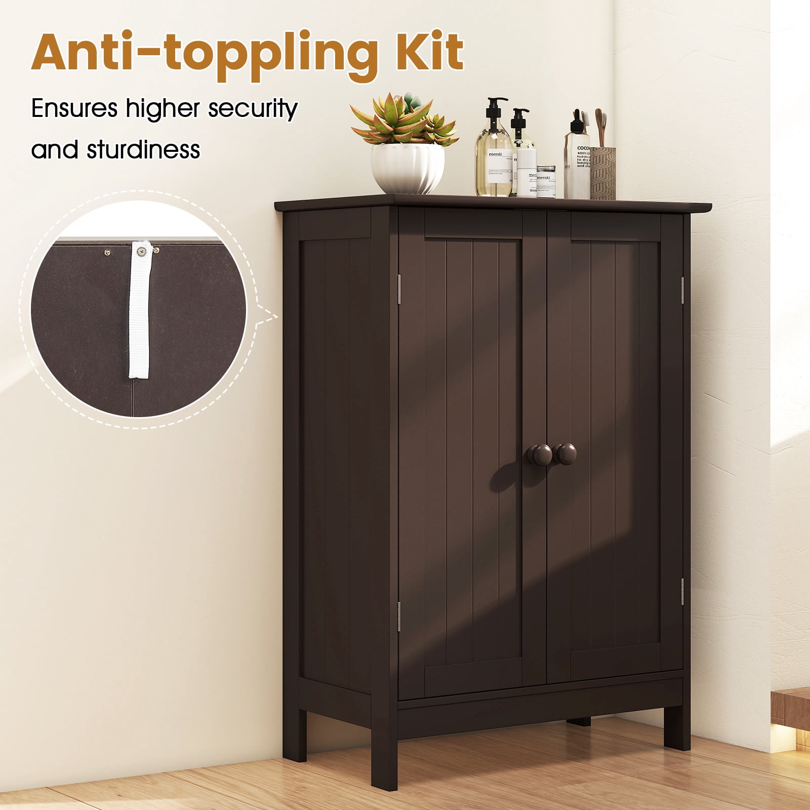 Gymax Bathroom Storage Cabinet Freestanding Wooden Floor Cabinet w/ Double Doors Adjustable Shelf Modern Storage Organizers for Kitchen Living Room Entryway Brown