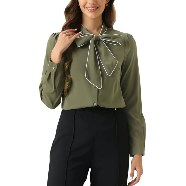 Blusa de trabajo de manga larga con botones y cuello atado para mujer INSPIRE CHIC XL en verde marino