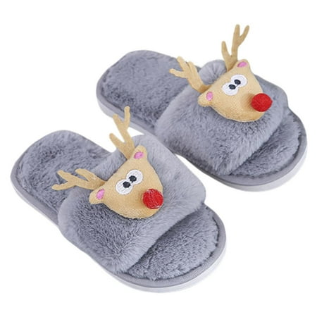 

Boys Girls Open Toe Fuzzy Slippers Soft Plush Fluffy Fur Slide Sandals Christmas Deer House Home Slip On Indoor Outdoor