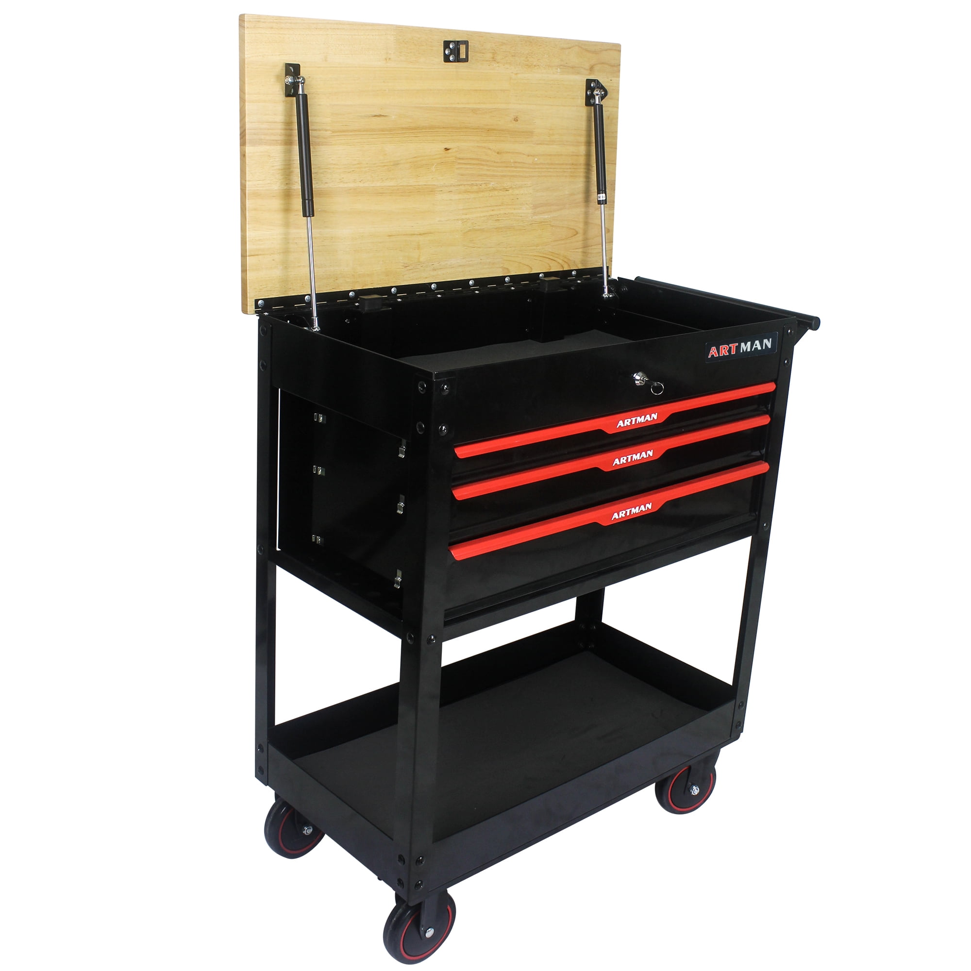 ARTMAN 3 Drawers Rolling Tool Cart, Utility Tool Box with Wheels Wood Top Mechanic Tool Storage Organizer Cabinet, Tool Chest for Garage, Warehouse, Workshop, Repair Shop