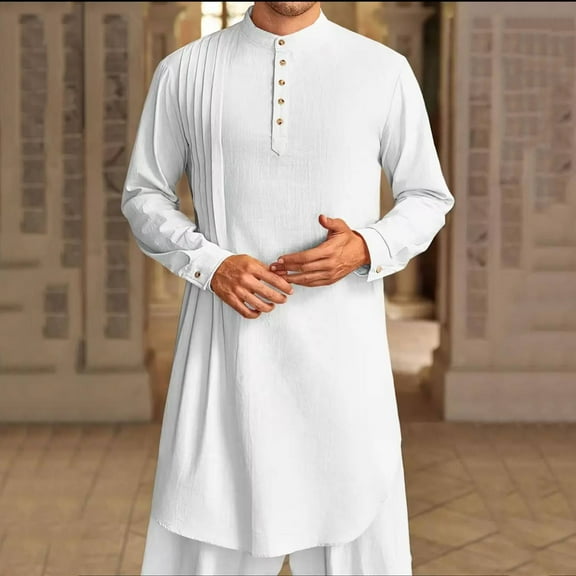 Men Shirts under $10 Men's Robe Set Arab Middle Robe Long Sleeve Standing Neck Pocket Button Casual Robe White M