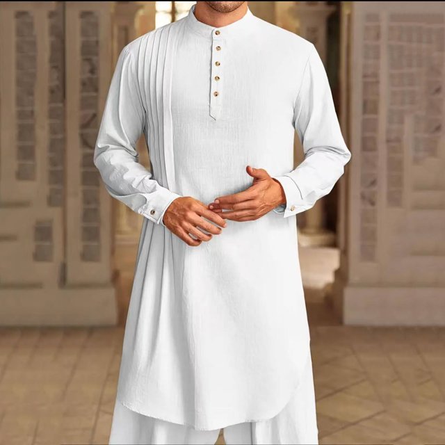 Mens Kaftan Thobe Cotton Linen Shirt Long Sleeve Robe Casual Muslim Gown