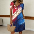 thumbnail image 2 of Women's Independence Day 250 Years Anniversary Patriotic Dress Short Sleeve Button Neck Printed Star Pattern Round Neckline Casual Comfortable Daily Wear USA Flag Summer Dress 4th of July Blue L, 2 of 5