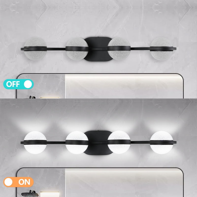 30" Black Minimalist LED Bathroom Vanity Light, 4-Light Wall Mounted Fixture with Crystal Sand Acrylic Shades, Modern Decorative Lighting for Mirror, Sink, and Vanity Area