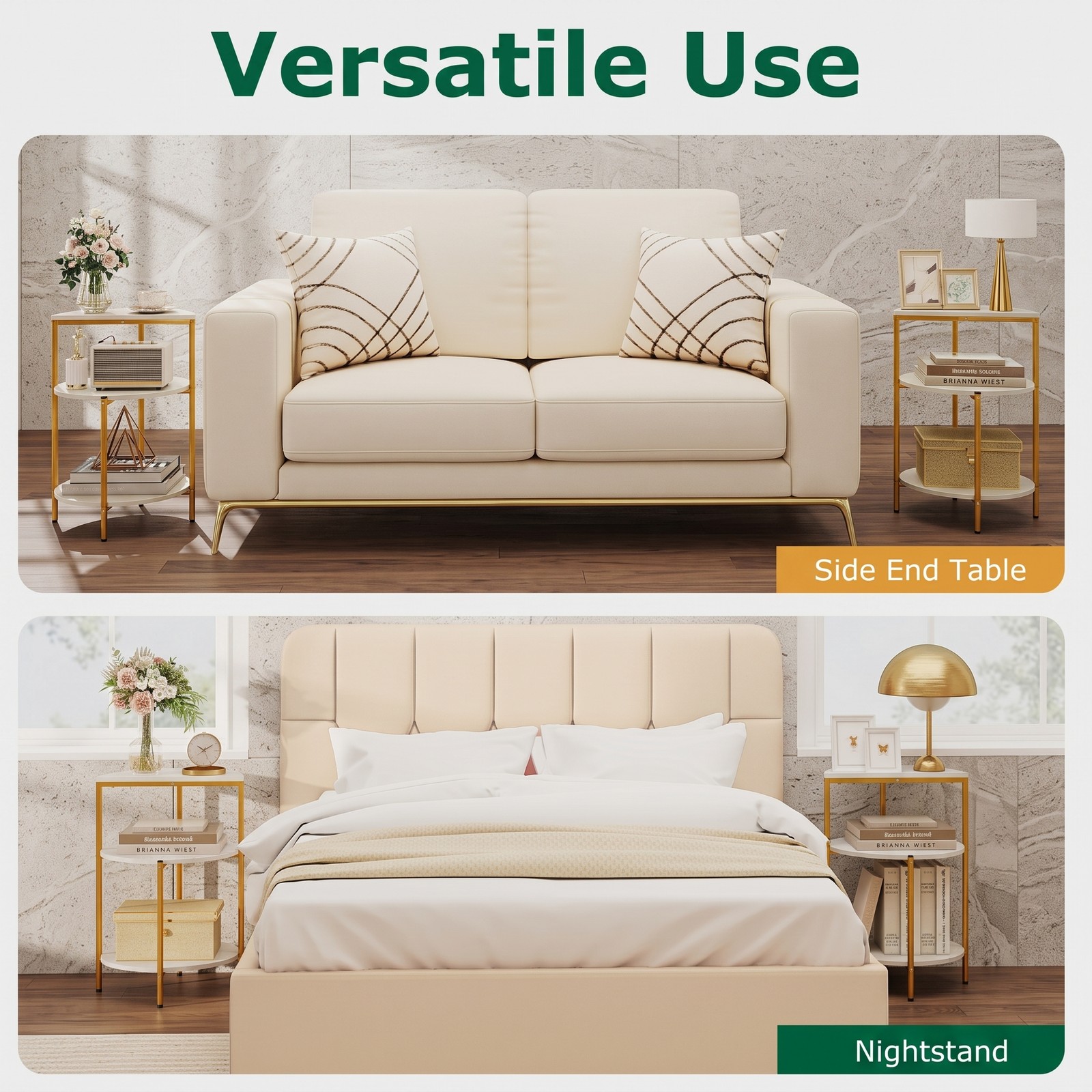 Furnibear 3-Tier Round End Table Set of 2, Small Space Nightstand Side Table with Storage Shelves and X-Shaped Metal Base for Living Room Bedroom Entryway, White & Gold