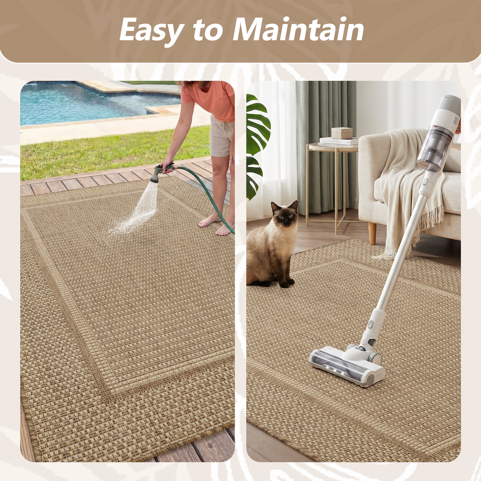 SIXHOME Outdoor Rugs 8'x10' Patio Rug Modern Bordered Indoor Outdoor Rugs Polypropylene Washable Non Shedding, Easy Clean, Waterproof, Durable Outdoor Carpet for Porch Balcony Deck Neutral Brown