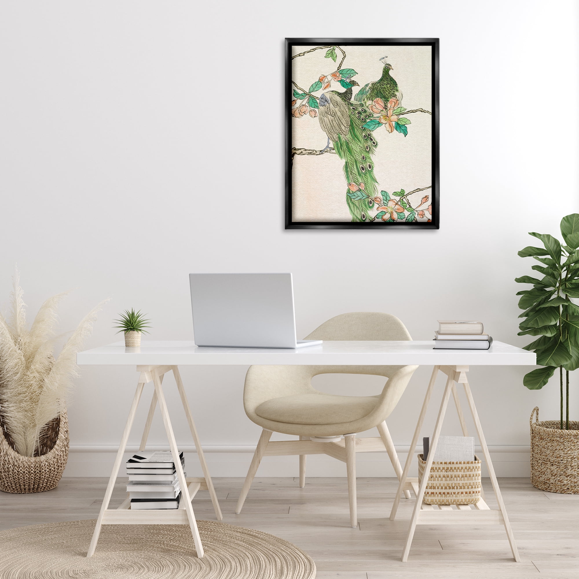 Stupell Industries Traditional Floral Peacock Animals & Insects Painting Black Floater Framed Canvas Art Print Wall Art, 25 x 31