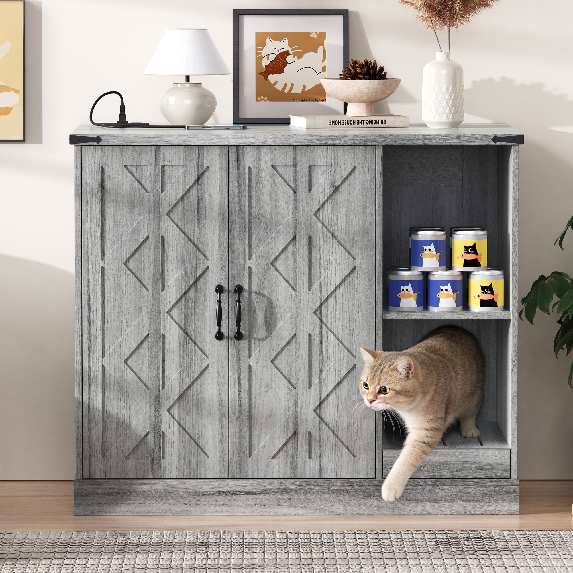 FFZ Cat Litter Box Cabinet Power Outlet Contemporary Furniture Large Automatic Hidden Enclosure Gray