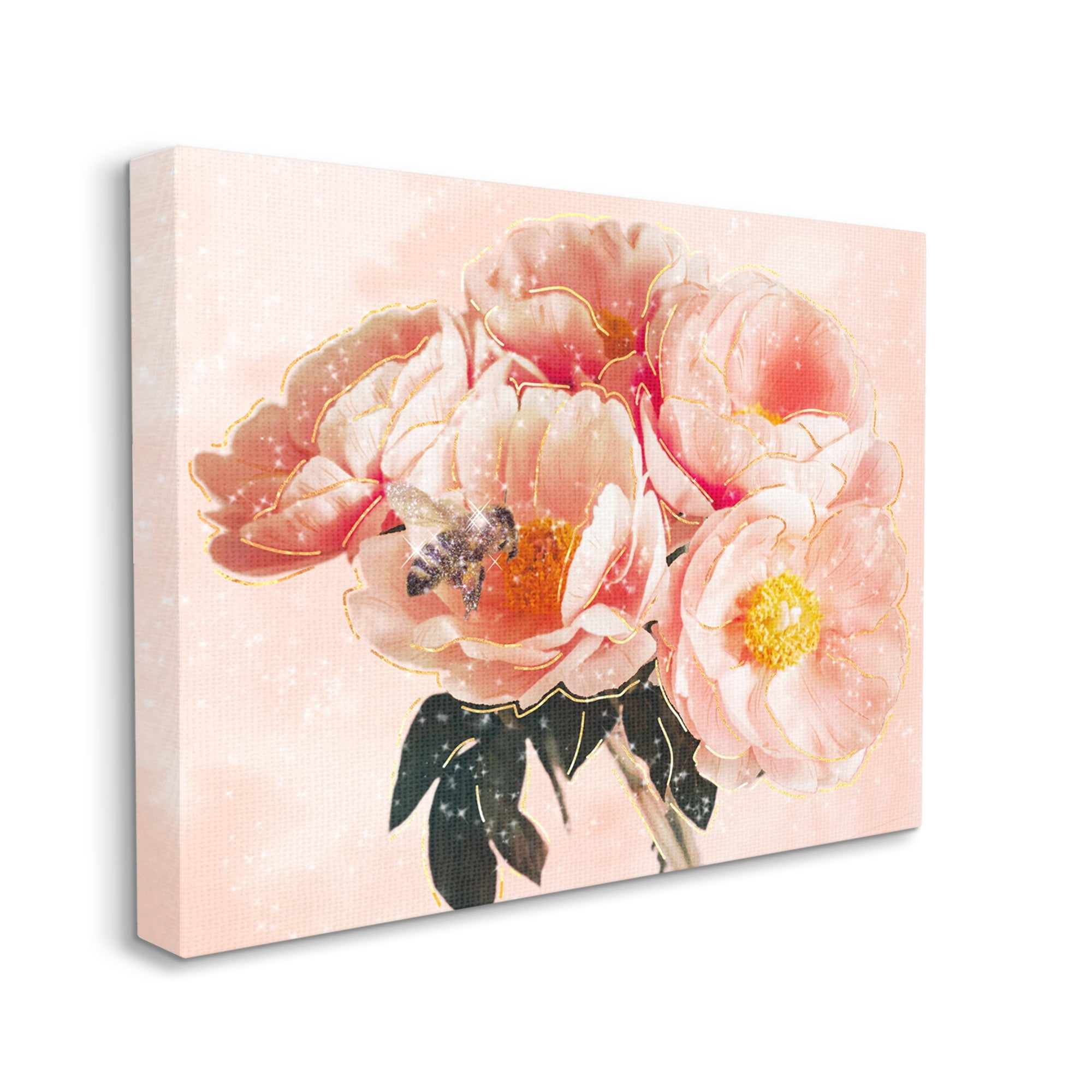 Stupell Industries Shimmering Bumble Bee Trendy Pink Glam Flowers Graphic Art Gallery Wrapped Canvas Print Wall Art, Design by Ziwei Li