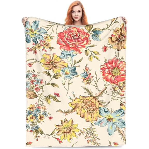 Floral Blanket Vintage Soft Warm Throw Blankets Lightweight Cozy Throws Retro Watercolor Flower Modern Aesthetic Gifts for Adult for Living Room Bedding Couch Farmhouse Decor 60x80in