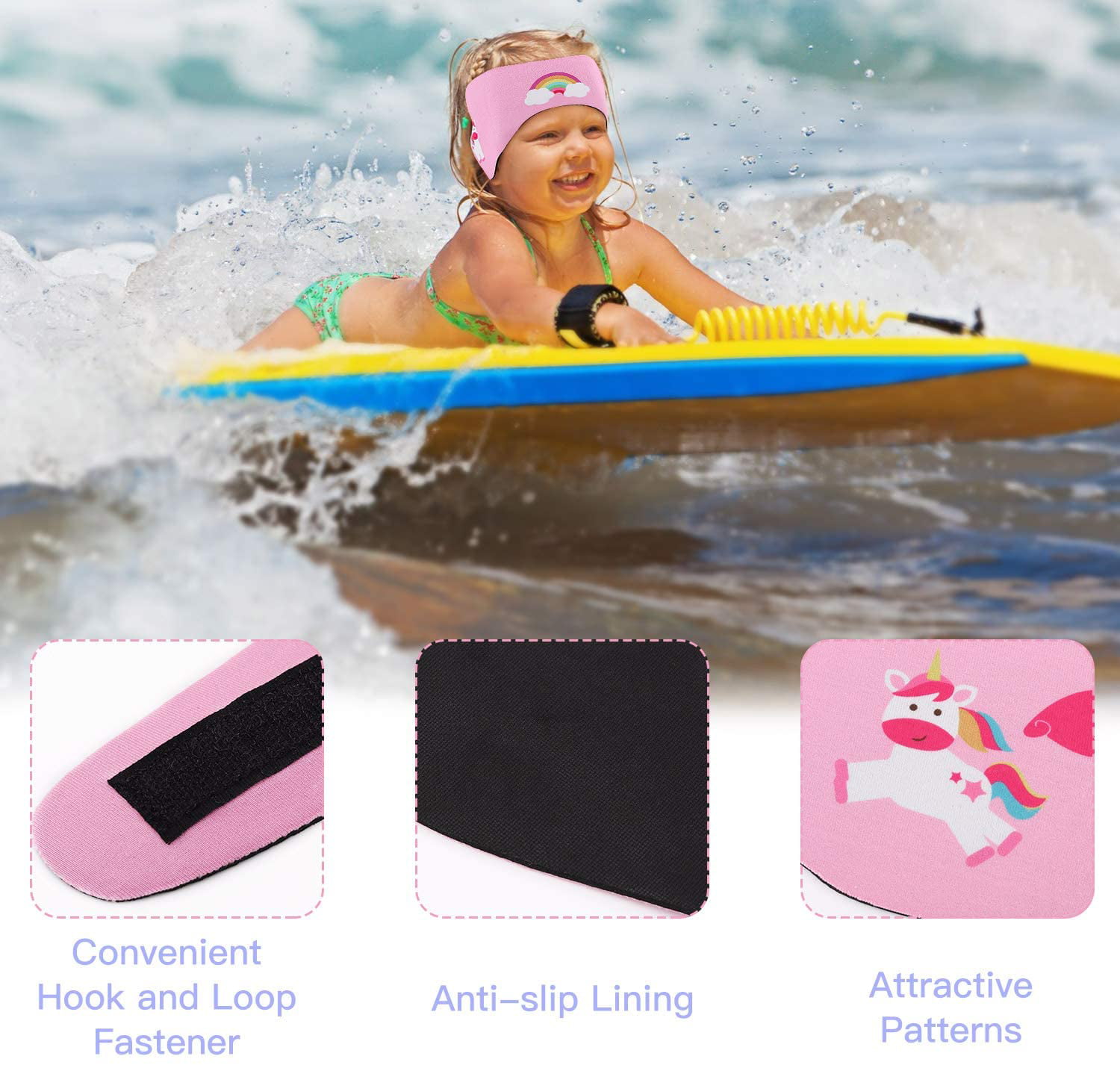 High Elasticity Neoprene Waterproof Ear Protection with Hook and Loop Cute Unicorn Headband for Swimming Water Skiing HeySplash Swimming Headband for Kids Surfing Pink Medium 
