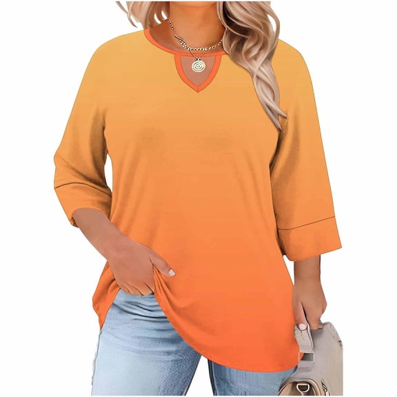 Scyoekwg 3/4 Length Sleeve Womens Tops Summer Dressy Casual Top Plus Size Front Cutout Three-Quarter Sleeve T-Shirt Trendy Clothes V-Neck Loose Fit Gradient Top Orange ,L