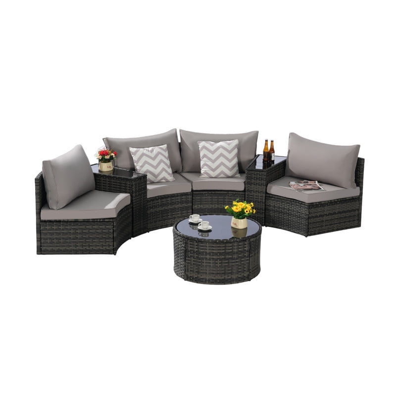 7-Piece Patio Furniture Set with Round Coffee Table, All Weather Wicker PE Rattan Half-Moon Curved Sectional Sofa Set with 2 Side Table for Backyard