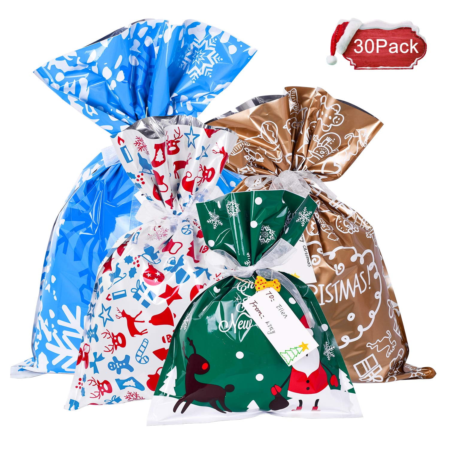 KUUQA 12Pcs Christmas Drawstring Bags Santa Sack Christmas Goody Treats Bags Wrapping Bags Bulk for Christmas Party Favors 