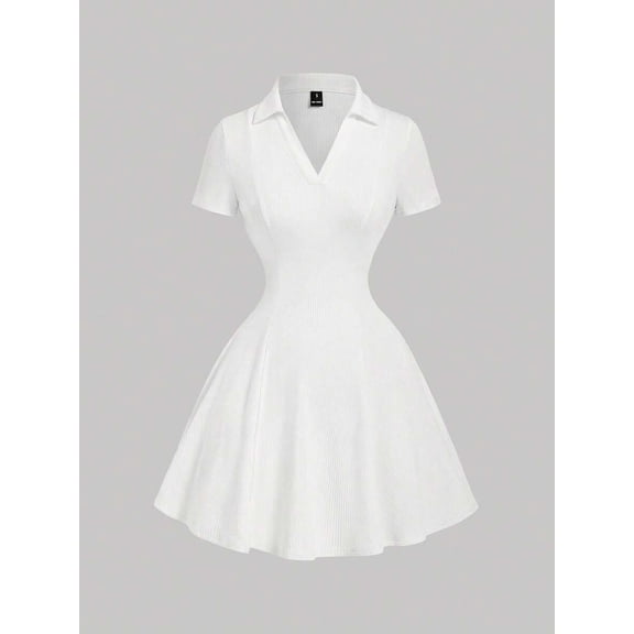 White Ribbed Knit Collar Mini Dress, Short Sleeve V-Neck Flared Skirt