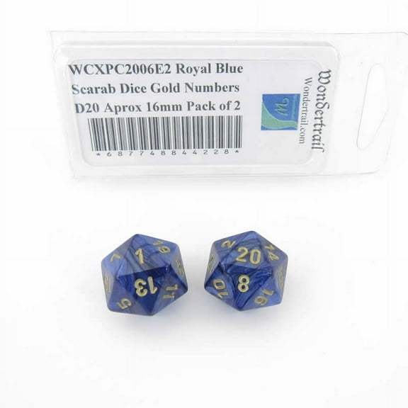 Royal Blue Scarab Dice with Gold Numbers D20 Aprox 16mm (5/8in) Pack of 2 Wondertrail