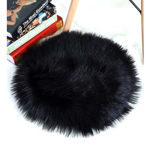 Funda redonda de piel de oveja sintética para silla, cojín para asiento, alfombras súper suaves para salón y dormitorio, sofá de (1,3 pies x 1,3 pies, negro)