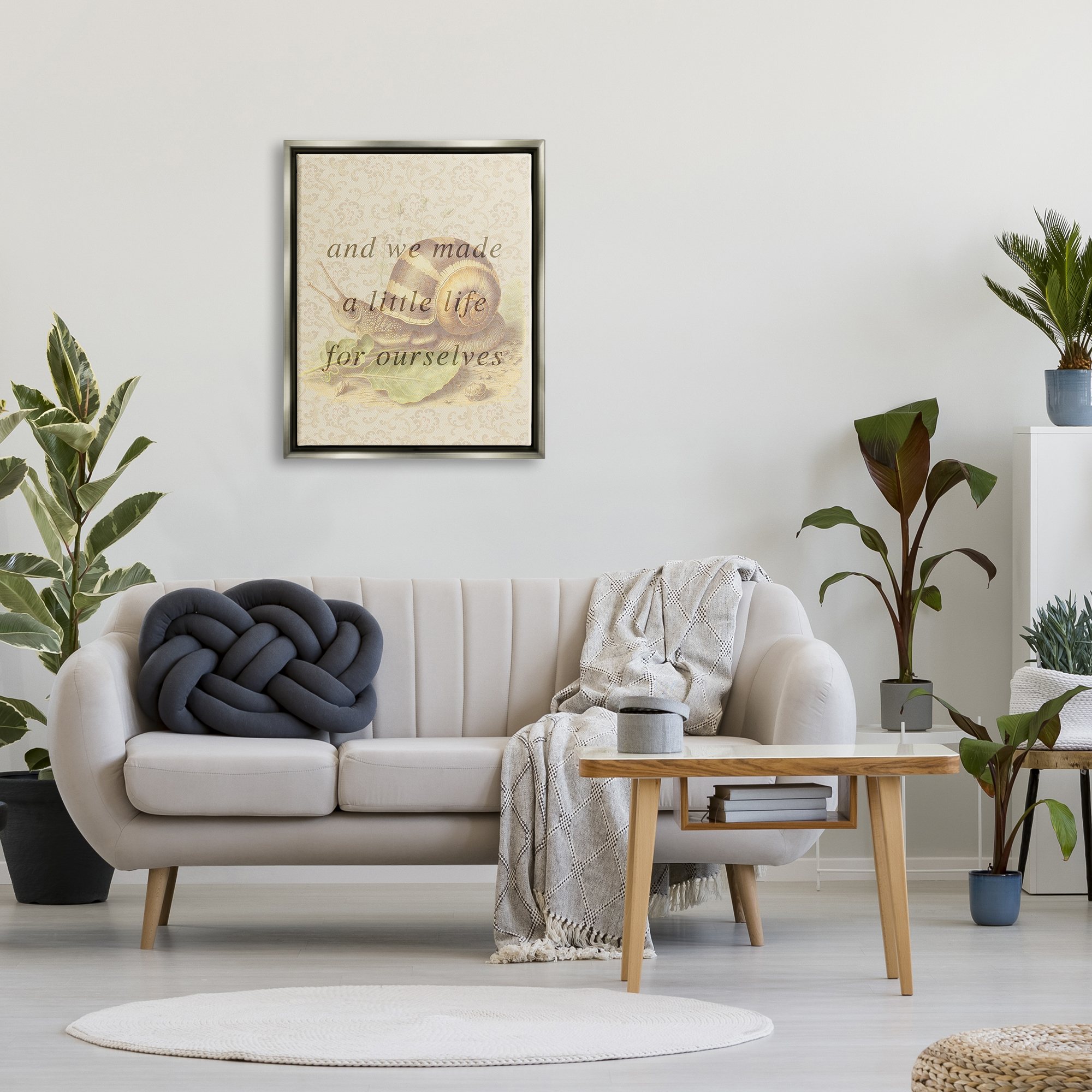 Stupell Industries Vintage Phrase with Snail Animals & Insects Painting Gray Floater Framed Canvas Art Print Wall Art, 25 x 31