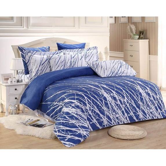 Swanson Beddings Tree Branches Reversible 5-Piece Cotton Bedding Set: Duvet Cover, Two Pillow Shams and Two Euro Shams Blue Full Size (No Comforter Included)