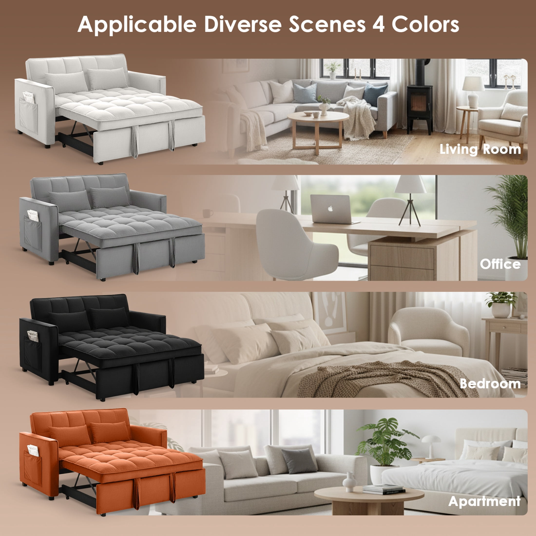 Vinform 55" 3 in 1 Convertible Sleeper Sofa Bed, Pull Out Loveseat Couch with Storage Pocket, Black(Thick Sponge)