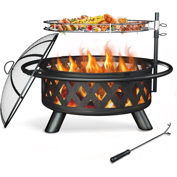 ELPOSUN Fire Pit for Outside 30 inch Outdoor Wood Burning Firepit Large Steel Firepit with protective cover for Backyard Bonfire Patio
